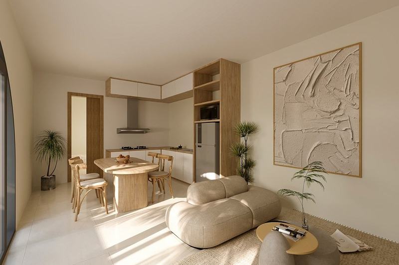 Ocean-view villa in Melasti: render of the kitchen and dining area