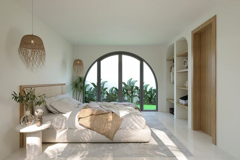 Ocean-view villa in Melasti: render of a bedroom with an arched window