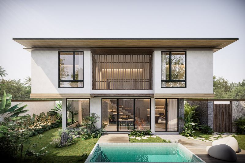 Vasana: two-bedroom villa facade with its pool