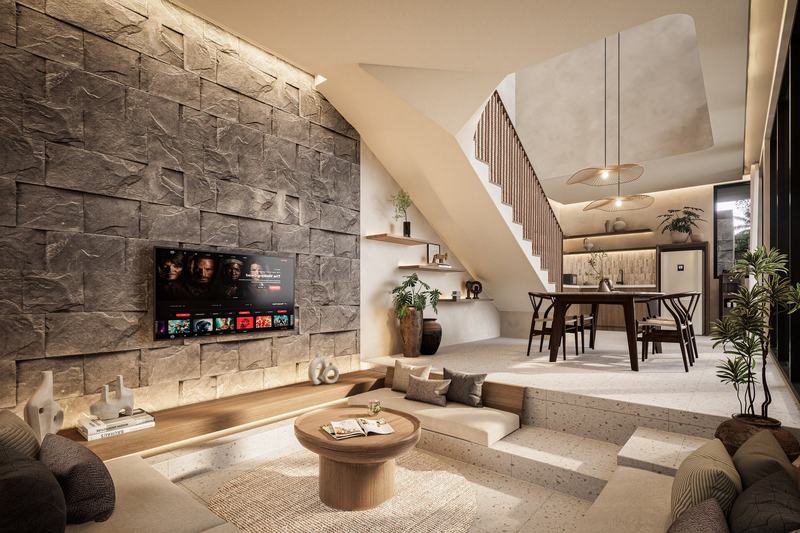 Vasana: stone feature wall and staircase in the living room