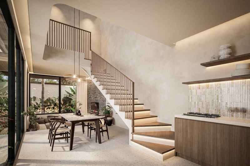 Vasana: kitchen and dining table tucked under the stairs