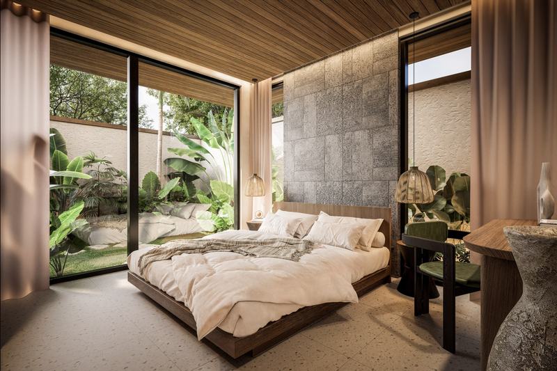 Vasana: bedroom with doors to the pool