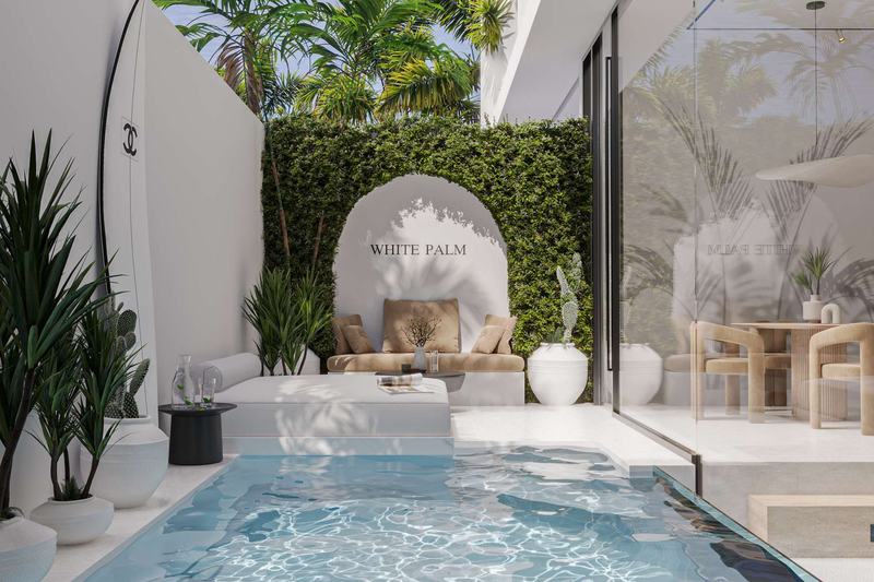 White Palm 2BR villa: render of the patio with a 4 × 2 m pool