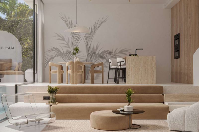 White Palm 2BR villa: render of the ground-floor living and dining room