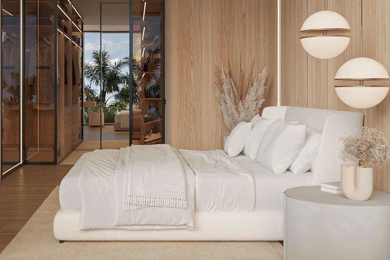 White Palm 2BR villa: render of a bedroom with a walk-in closet