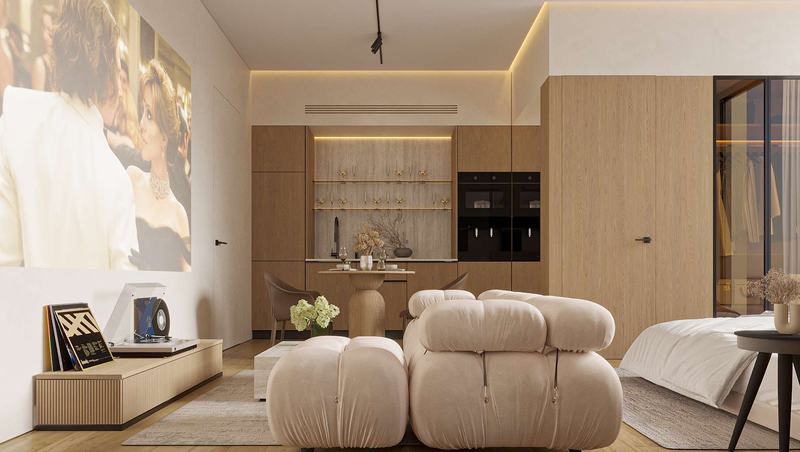 White Palm studio: render of the room with sofa, kitchen and sleeping area