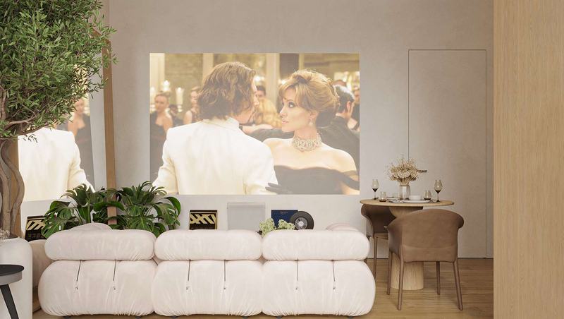 White Palm studio: render of the living area with sofa and dining table
