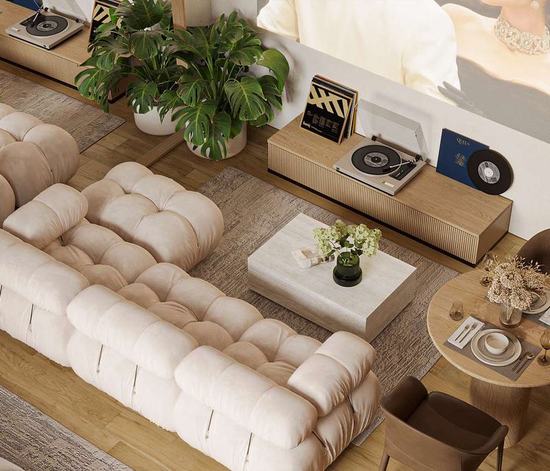 White Palm studio: render of the lounge corner with a record player