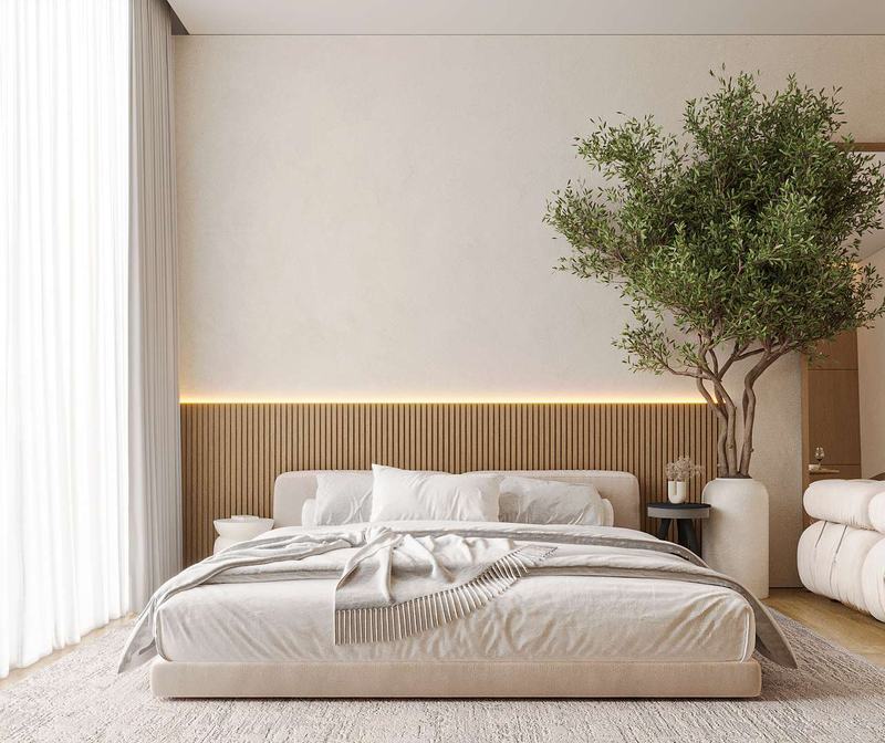 White Palm studio: render of the sleeping area with a wood panel