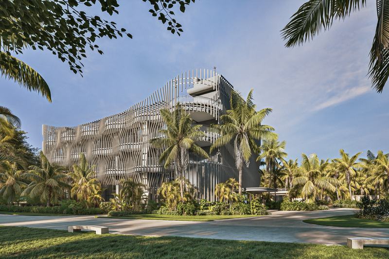 X Hotel: facade with vertical louvers among palms