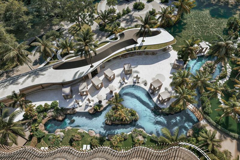 X Hotel: aerial of the clubhouse and pool