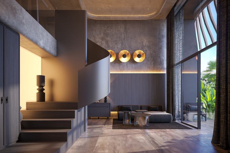 X Hotel: two-story living room and stairs to the loft