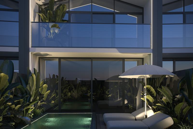 XO Canggu: two-bedroom villa and pool at dusk, developer's render