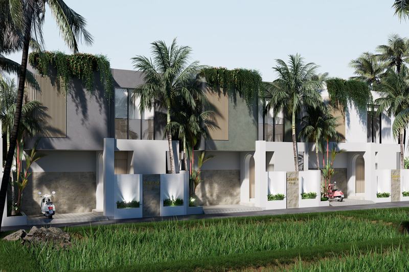 Zamaya: entrance side with parking by the villas