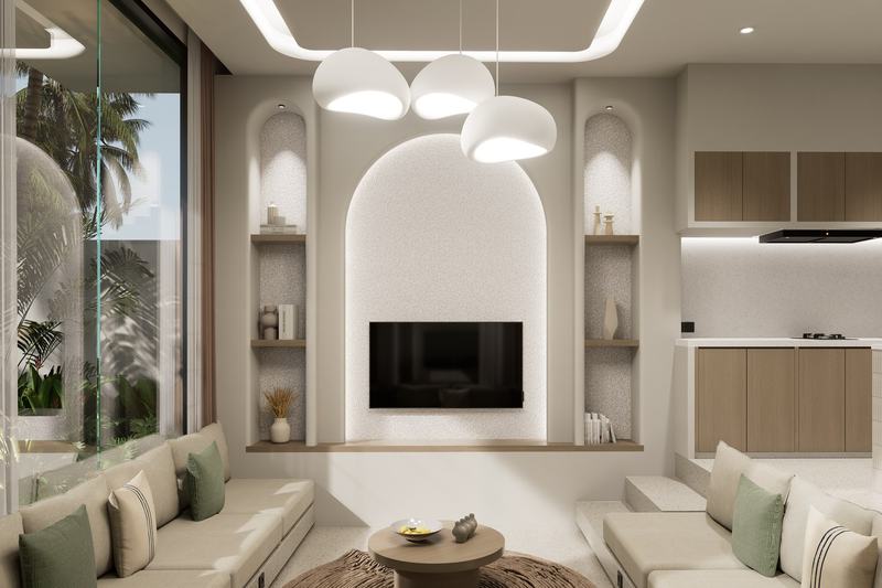 Zamaya villa: open living room and kitchen with floor-to-ceiling glass