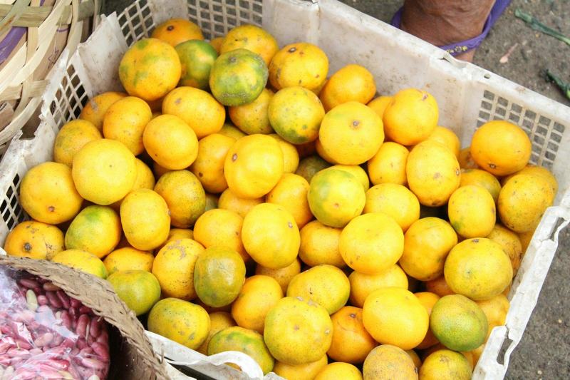 A crate of citrus fruit on a market stall